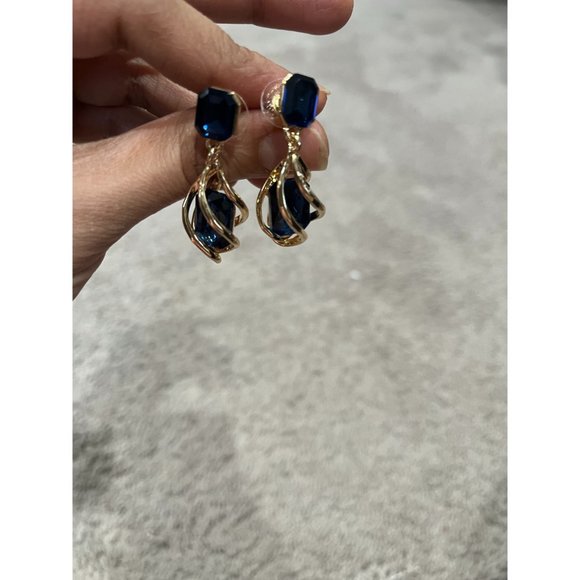 navy blue earrings gold chandelier earrings dark blue wedding crystal earrings - Picture 2 of 9